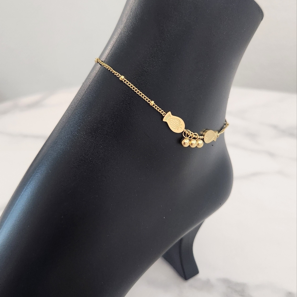 Gold Fish Anklet Bracelet with Dangle Beads Dainty Nautical Adjustable - Picture 9 of 14